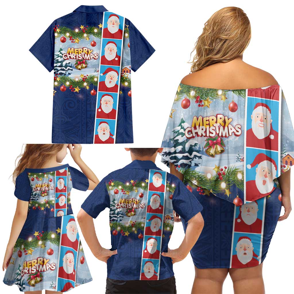 Merry Christmas Family Matching Off Shoulder Short Dress and Hawaiian Shirt Funny Santa Claus Cards Photo and Polynesian Pattern Blue Color LT03 - Polynesian Pride