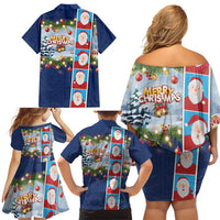 Merry Christmas Family Matching Off Shoulder Short Dress and Hawaiian Shirt Funny Santa Claus Cards Photo and Polynesian Pattern Blue Color LT03 - Polynesian Pride