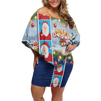 Merry Christmas Family Matching Off Shoulder Short Dress and Hawaiian Shirt Funny Santa Claus Cards Photo and Polynesian Pattern Blue Color LT03 Mom's Dress Blue - Polynesian Pride
