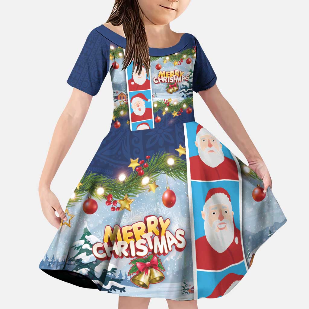 Merry Christmas Family Matching Puletasi and Hawaiian Shirt Funny Santa Claus Cards Photo and Polynesian Pattern Blue Color LT03 Daughter's Dress Blue - Polynesian Pride