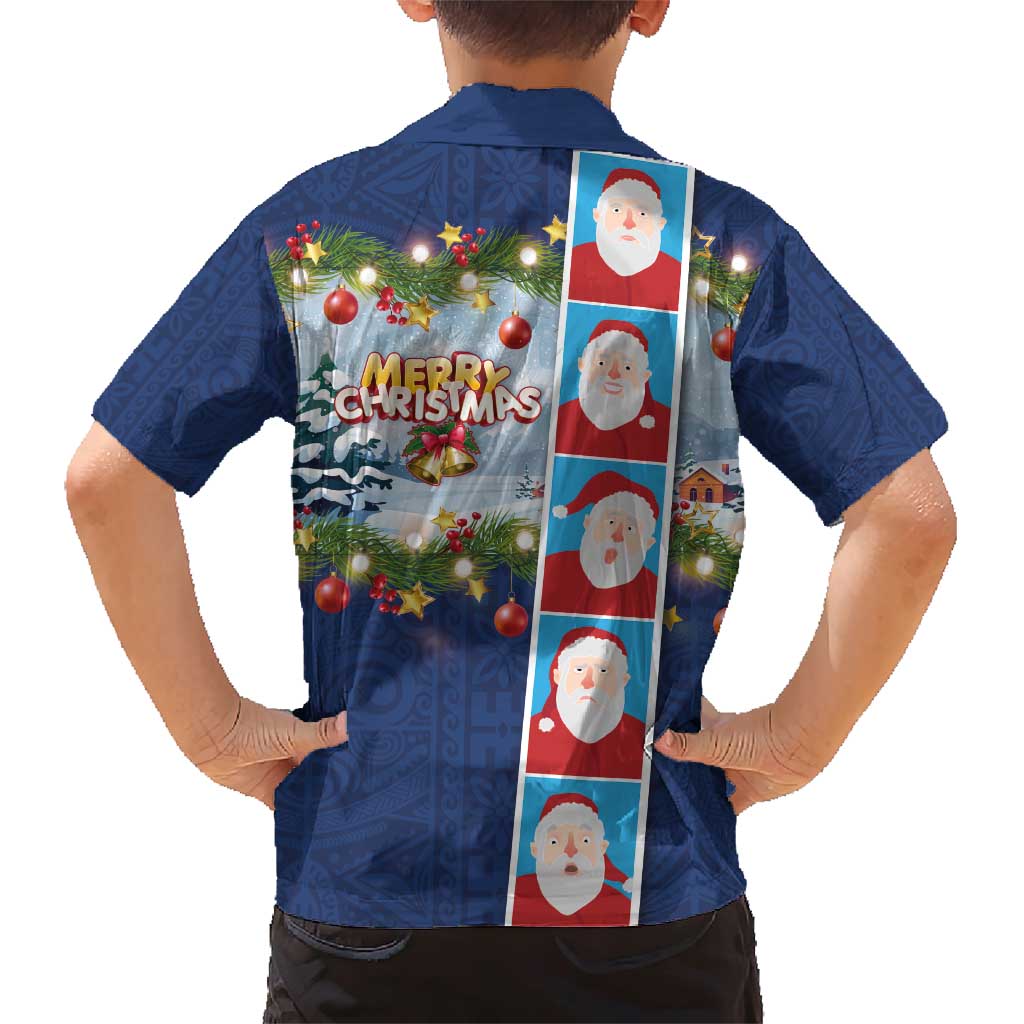 Merry Christmas Family Matching Short Sleeve Bodycon Dress and Hawaiian Shirt Funny Santa Claus Cards Photo and Polynesian Pattern Blue Color LT03 - Polynesian Pride
