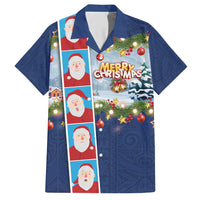Merry Christmas Family Matching Short Sleeve Bodycon Dress and Hawaiian Shirt Funny Santa Claus Cards Photo and Polynesian Pattern Blue Color LT03 Dad's Shirt - Short Sleeve Blue - Polynesian Pride