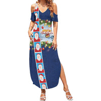 Merry Christmas Family Matching Summer Maxi Dress and Hawaiian Shirt Funny Santa Claus Cards Photo and Polynesian Pattern Blue Color LT03 Mom's Dress Blue - Polynesian Pride
