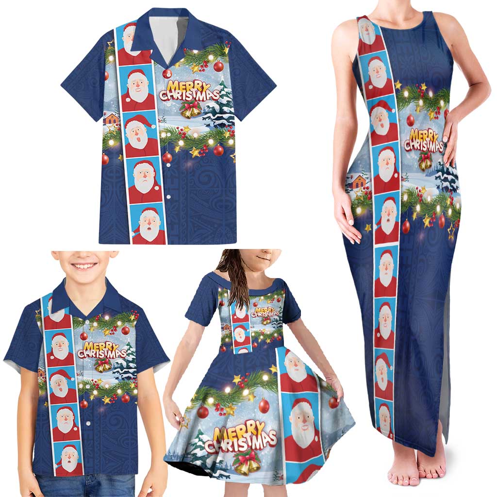 Merry Christmas Family Matching Tank Maxi Dress and Hawaiian Shirt Funny Santa Claus Cards Photo and Polynesian Pattern Blue Color LT03 - Polynesian Pride