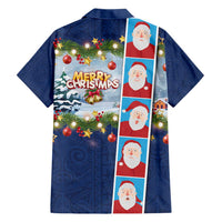 Merry Christmas Hawaiian Shirt Funny Santa Claus Cards Photo and Polynesian Pattern Blue Color