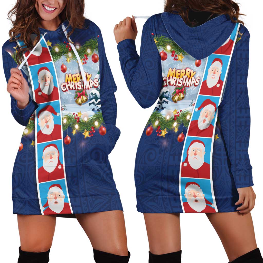 Merry Christmas Hoodie Dress Funny Santa Claus Cards Photo and Polynesian Pattern Blue Color LT03 - Polynesian Pride