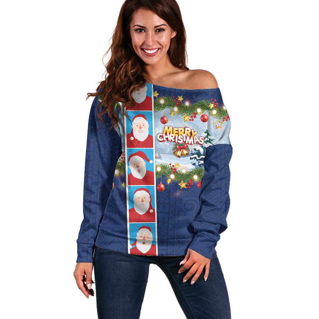 Merry Christmas Off Shoulder Sweater Funny Santa Claus Cards Photo and Polynesian Pattern Blue Color LT03 Women Blue - Polynesian Pride