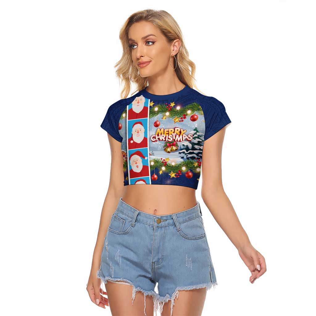 Merry Christmas Raglan Cropped T Shirt Funny Santa Claus Cards Photo and Polynesian Pattern Blue Color