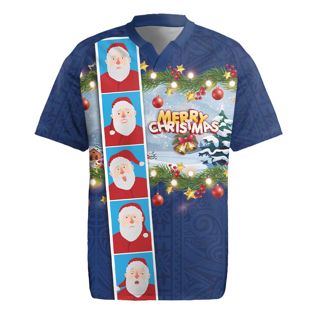 Merry Christmas Rugby Jersey Funny Santa Claus Cards Photo and Polynesian Pattern Blue Color LT03 Blue - Polynesian Pride