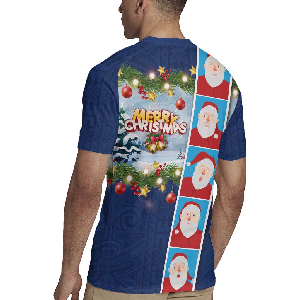 Merry Christmas Rugby Jersey Funny Santa Claus Cards Photo and Polynesian Pattern Blue Color