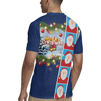Merry Christmas Rugby Jersey Funny Santa Claus Cards Photo and Polynesian Pattern Blue Color