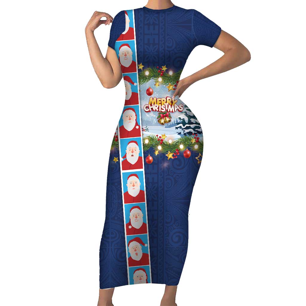 Merry Christmas Short Sleeve Bodycon Dress Funny Santa Claus Cards Photo and Polynesian Pattern Blue Color LT03 Long Dress Blue - Polynesian Pride
