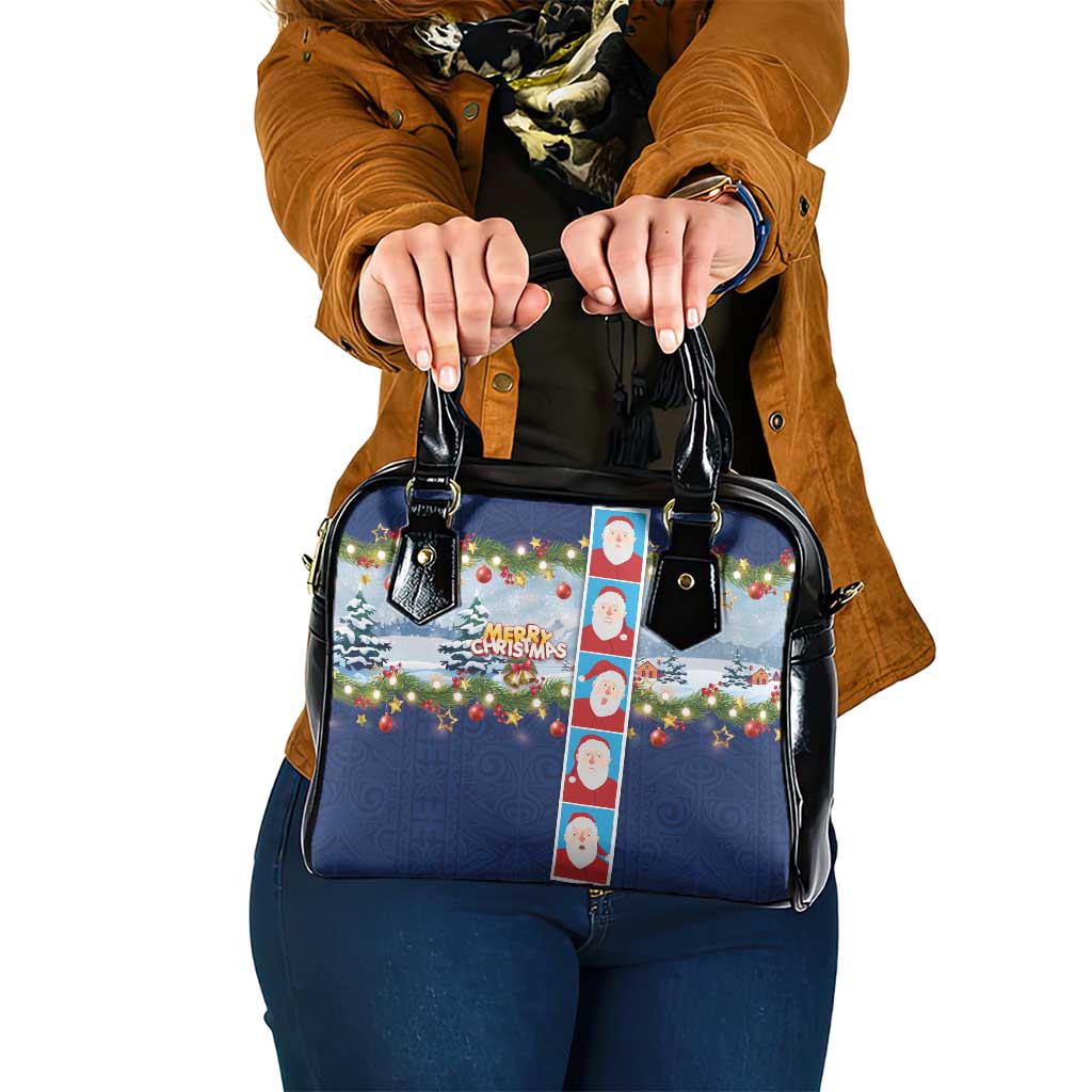 Merry Christmas Shoulder Handbag Funny Santa Claus Cards Photo and Polynesian Pattern Blue Color LT03 One Size Blue - Polynesian Pride