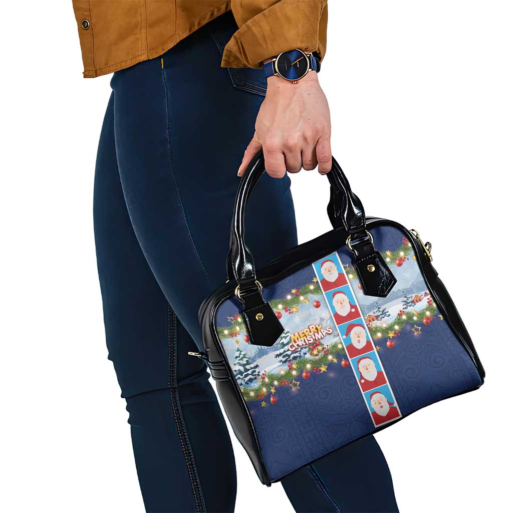 Merry Christmas Shoulder Handbag Funny Santa Claus Cards Photo and Polynesian Pattern Blue Color LT03 - Polynesian Pride