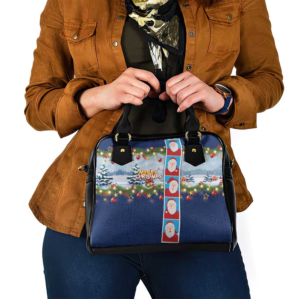 Merry Christmas Shoulder Handbag Funny Santa Claus Cards Photo and Polynesian Pattern Blue Color LT03 - Polynesian Pride