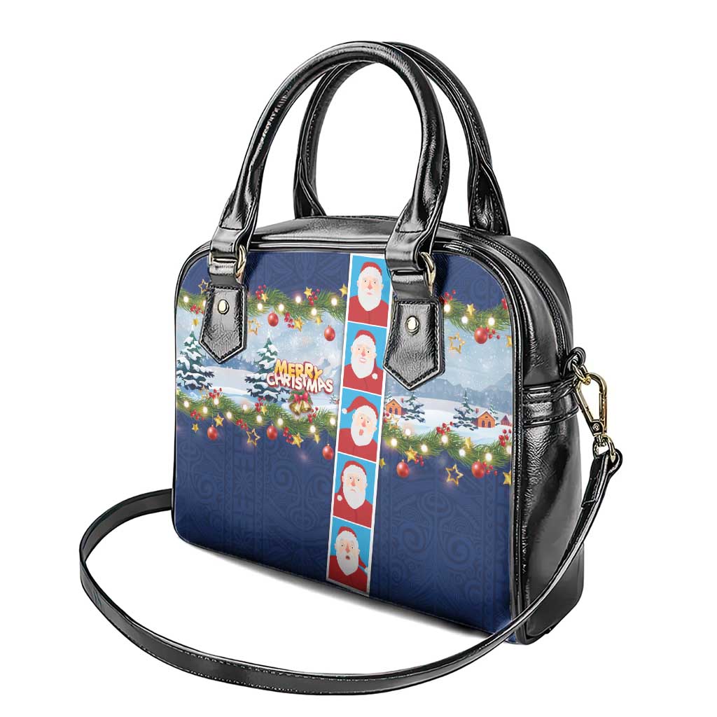 Merry Christmas Shoulder Handbag Funny Santa Claus Cards Photo and Polynesian Pattern Blue Color LT03 - Polynesian Pride