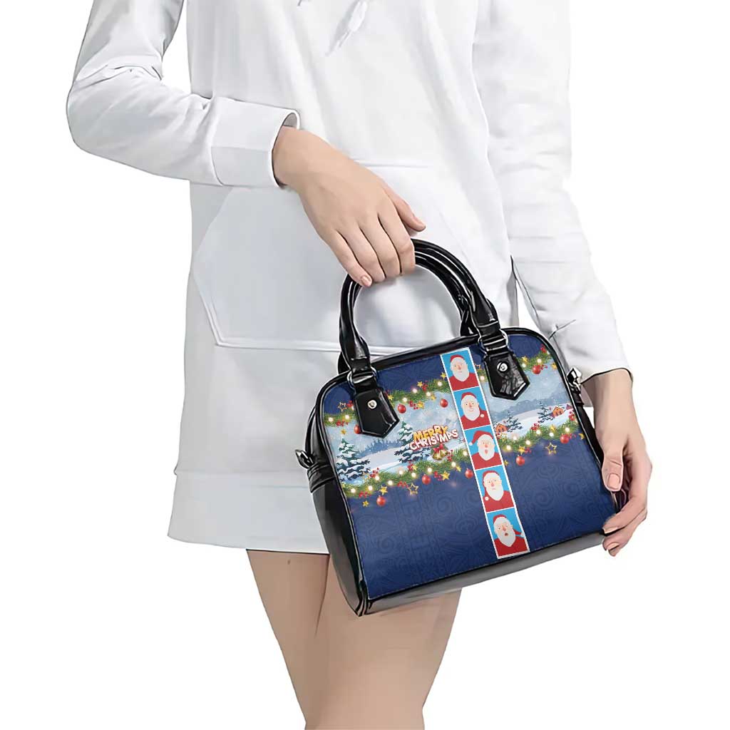 Merry Christmas Shoulder Handbag Funny Santa Claus Cards Photo and Polynesian Pattern Blue Color LT03 - Polynesian Pride