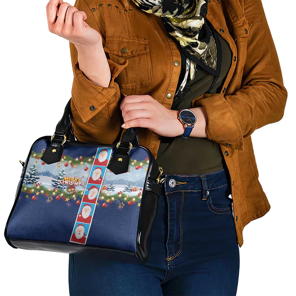 Merry Christmas Shoulder Handbag Funny Santa Claus Cards Photo and Polynesian Pattern Blue Color LT03 - Polynesian Pride