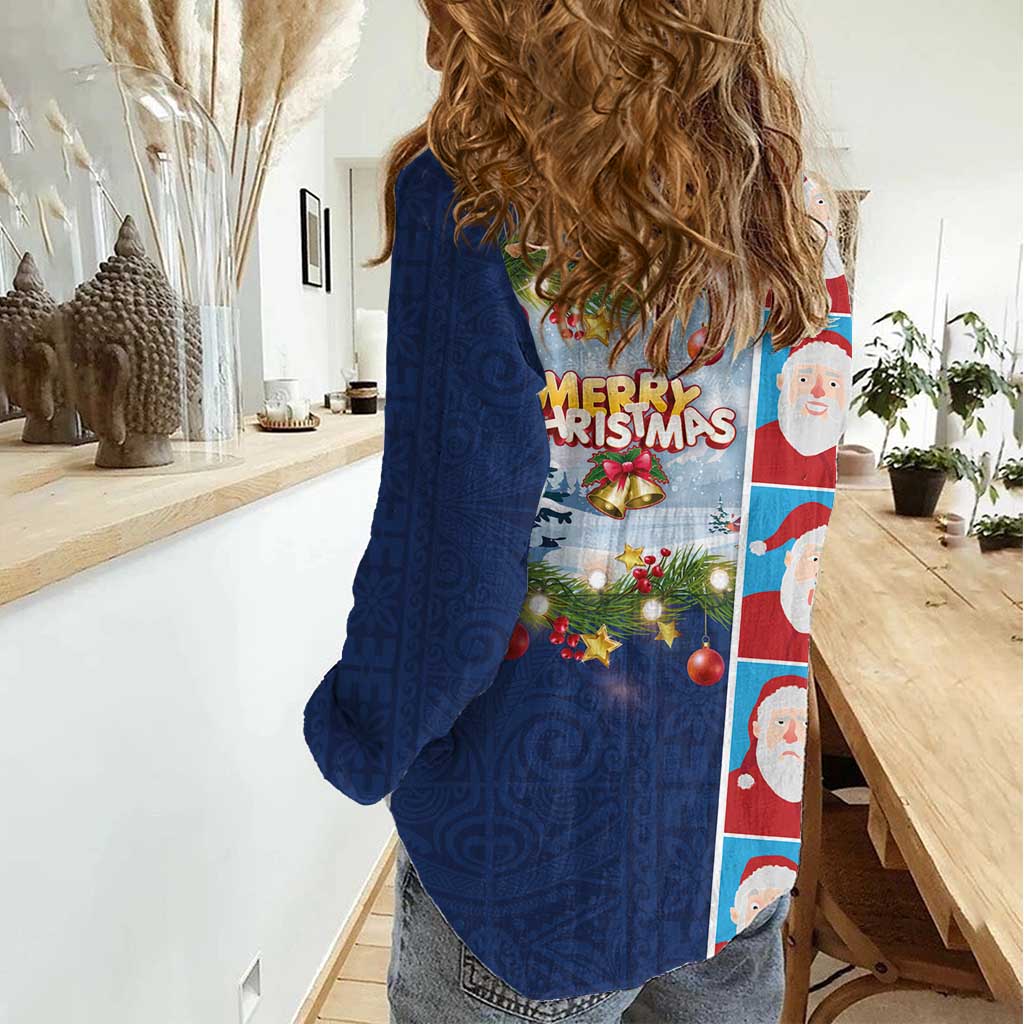 Merry Christmas Women Casual Shirt Funny Santa Claus Cards Photo and Polynesian Pattern Blue Color LT03 - Polynesian Pride