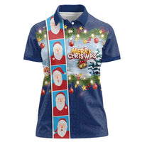 Merry Christmas Women Polo Shirt Funny Santa Claus Cards Photo and Polynesian Pattern Blue Color LT03 Female Blue - Polynesian Pride