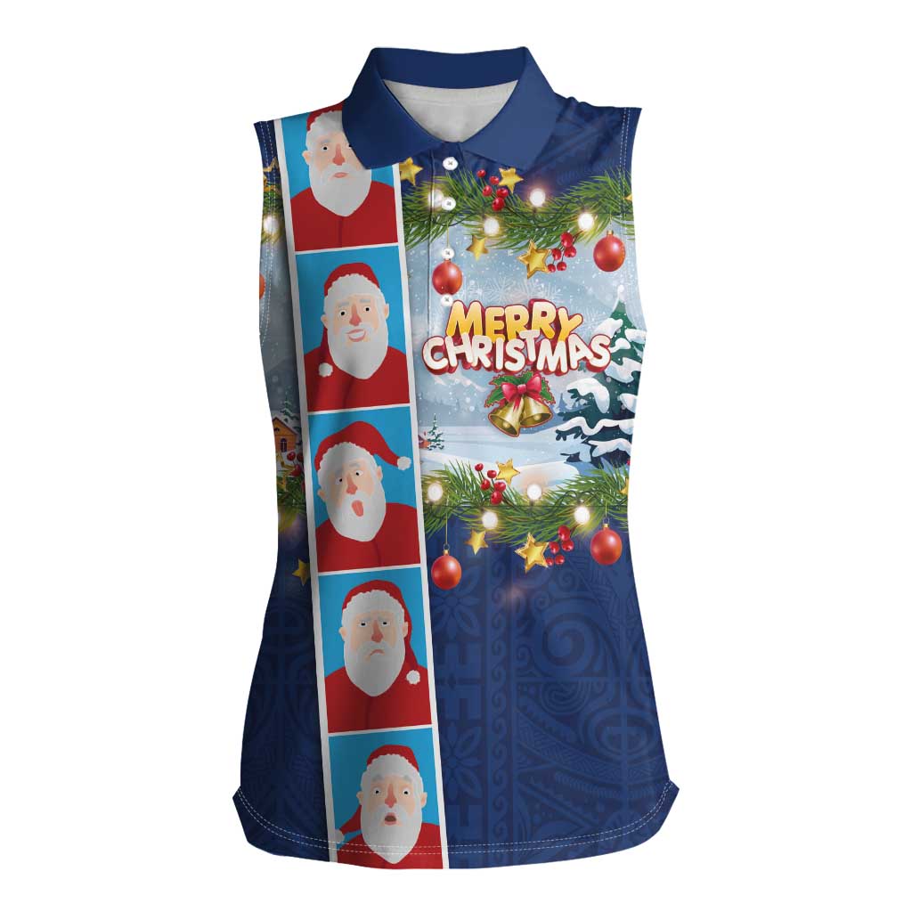Merry Christmas Women Sleeveless Polo Shirt Funny Santa Claus Cards Photo and Polynesian Pattern Blue Color