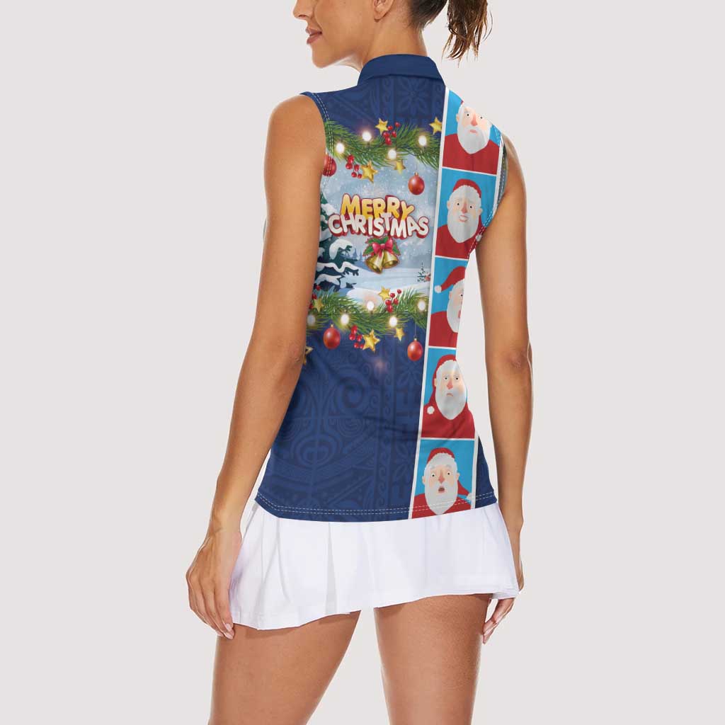 Merry Christmas Women Sleeveless Polo Shirt Funny Santa Claus Cards Photo and Polynesian Pattern Blue Color
