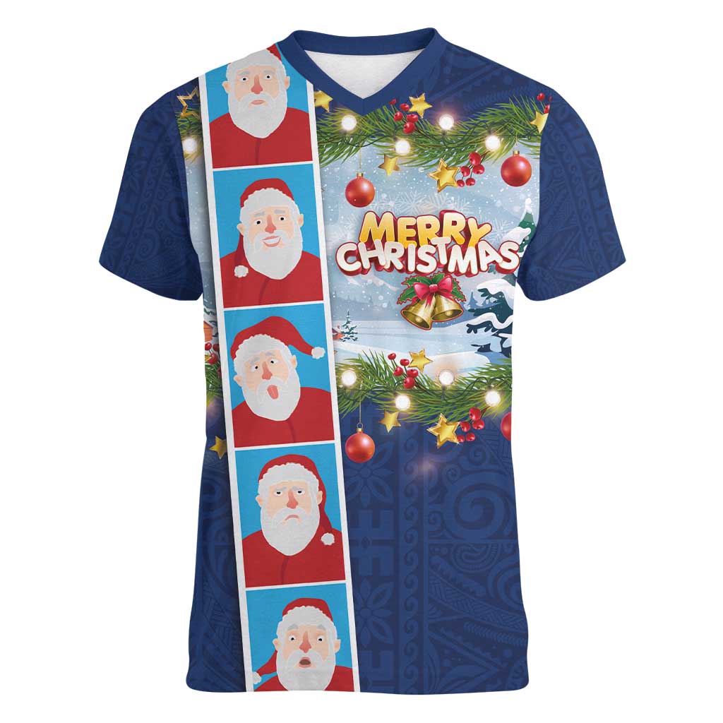 Merry Christmas Women V-Neck T-Shirt Funny Santa Claus Cards Photo and Polynesian Pattern Blue Color