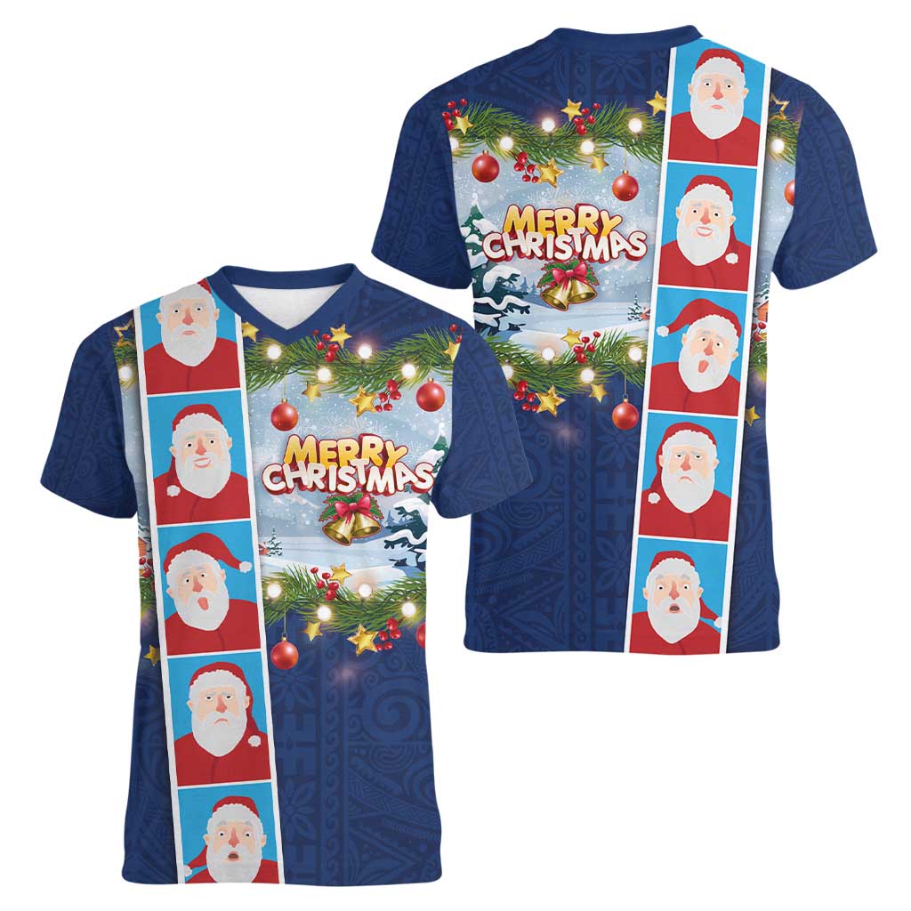 Merry Christmas Women V-Neck T-Shirt Funny Santa Claus Cards Photo and Polynesian Pattern Blue Color LT03 - Polynesian Pride