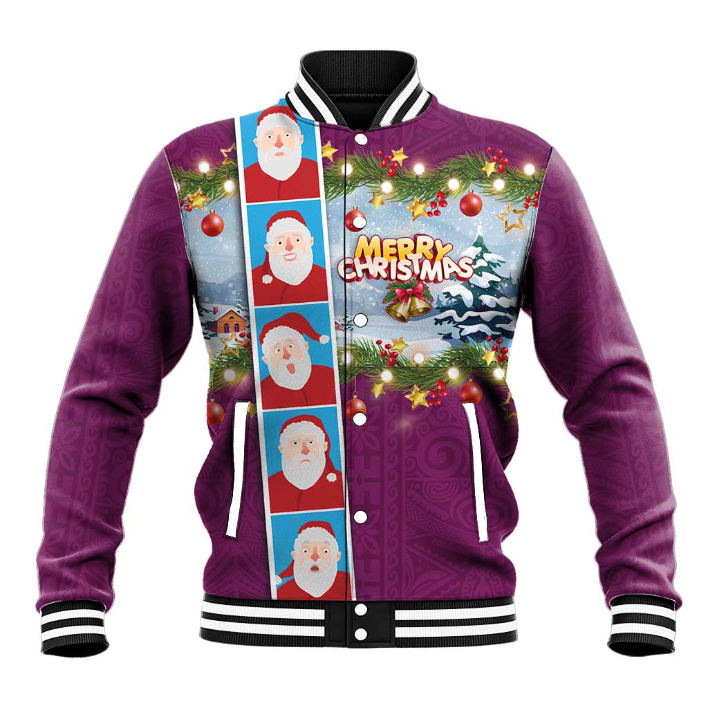 Merry Christmas Baseball Jacket Funny Santa Claus Cards Photo and Polynesian Pattern Pink Color