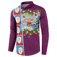 Merry Christmas Button Sweatshirt Funny Santa Claus Cards Photo and Polynesian Pattern Pink Color