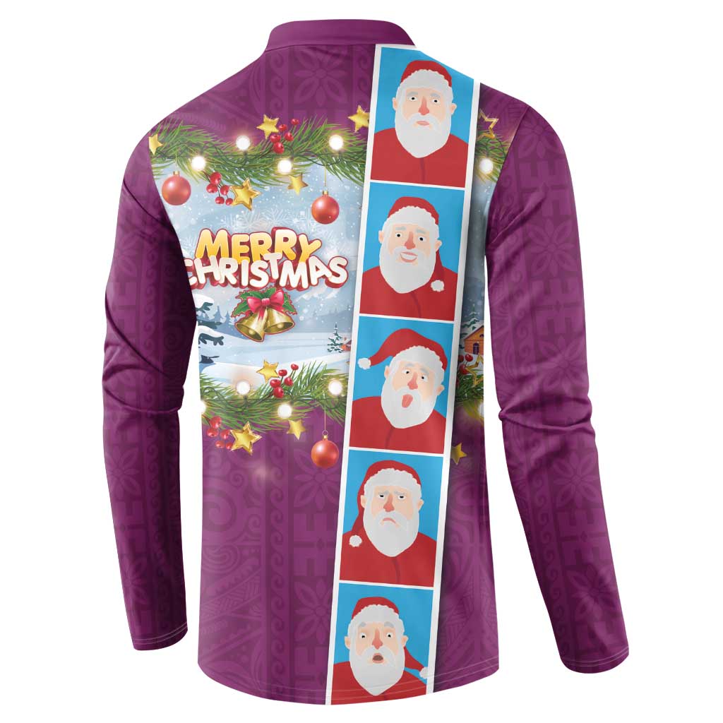 Merry Christmas Button Sweatshirt Funny Santa Claus Cards Photo and Polynesian Pattern Pink Color