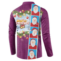 Merry Christmas Button Sweatshirt Funny Santa Claus Cards Photo and Polynesian Pattern Pink Color