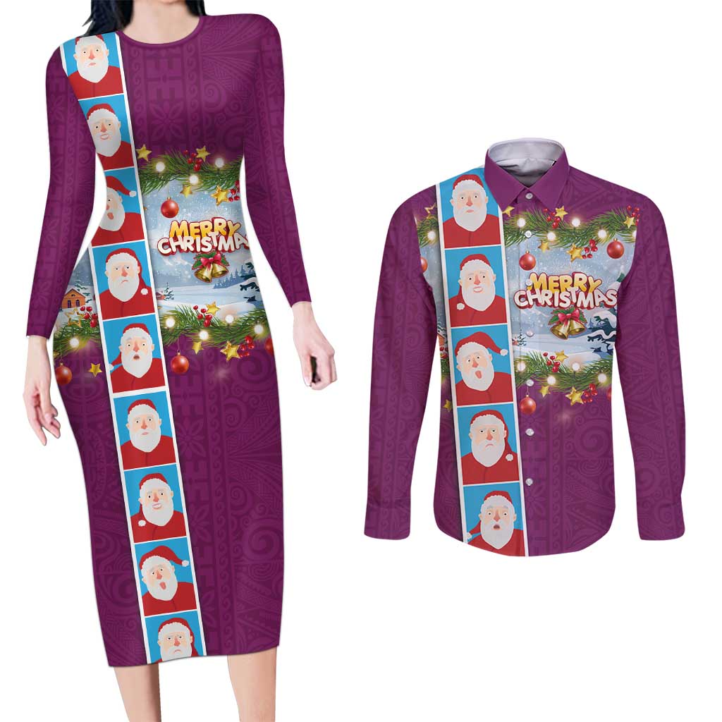 Merry Christmas Couples Matching Long Sleeve Bodycon Dress and Long Sleeve Button Shirt Funny Santa Claus Cards Photo and Polynesian Pattern Pink Color