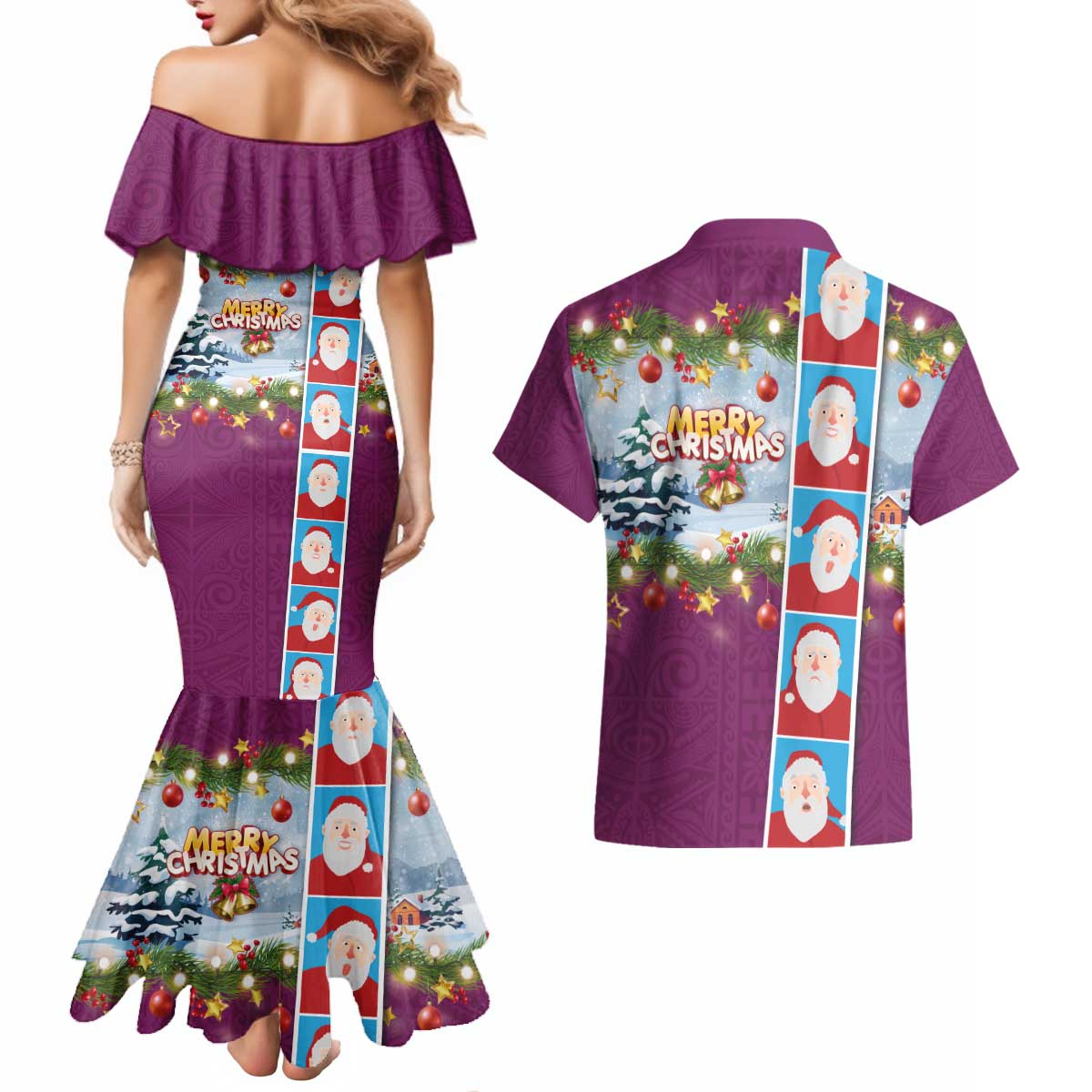 Merry Christmas Couples Matching Mermaid Dress and Hawaiian Shirt Funny Santa Claus Cards Photo and Polynesian Pattern Pink Color LT03 - Polynesian Pride