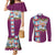 Merry Christmas Couples Matching Mermaid Dress and Long Sleeve Button Shirt Funny Santa Claus Cards Photo and Polynesian Pattern Pink Color