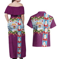 Merry Christmas Couples Matching Off Shoulder Maxi Dress and Hawaiian Shirt Funny Santa Claus Cards Photo and Polynesian Pattern Pink Color LT03 - Polynesian Pride