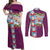 Merry Christmas Couples Matching Off Shoulder Maxi Dress and Long Sleeve Button Shirt Funny Santa Claus Cards Photo and Polynesian Pattern Pink Color