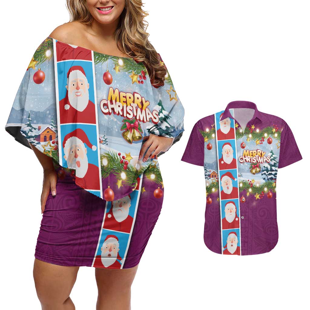 Merry Christmas Couples Matching Off Shoulder Short Dress and Hawaiian Shirt Funny Santa Claus Cards Photo and Polynesian Pattern Pink Color