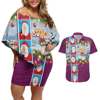 Merry Christmas Couples Matching Off Shoulder Short Dress and Hawaiian Shirt Funny Santa Claus Cards Photo and Polynesian Pattern Pink Color LT03 Pink - Polynesian Pride