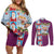 Merry Christmas Couples Matching Off Shoulder Short Dress and Long Sleeve Button Shirt Funny Santa Claus Cards Photo and Polynesian Pattern Pink Color