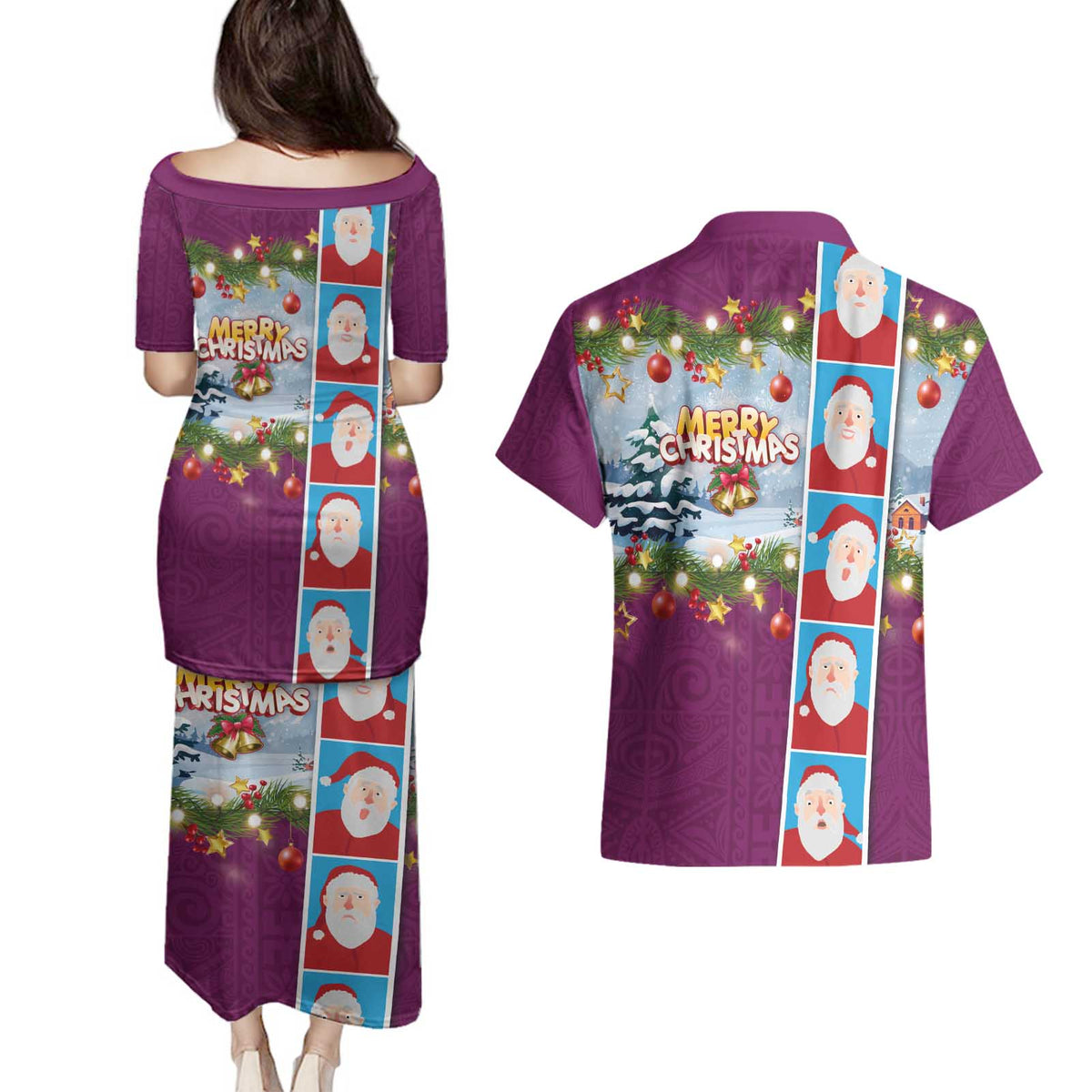 Merry Christmas Couples Matching Puletasi and Hawaiian Shirt Funny Santa Claus Cards Photo and Polynesian Pattern Pink Color