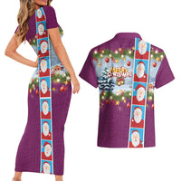 Merry Christmas Couples Matching Short Sleeve Bodycon Dress and Hawaiian Shirt Funny Santa Claus Cards Photo and Polynesian Pattern Pink Color LT03 - Polynesian Pride