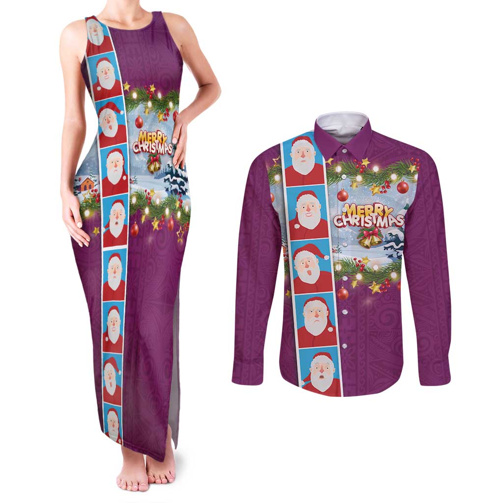 Merry Christmas Couples Matching Tank Maxi Dress and Long Sleeve Button Shirt Funny Santa Claus Cards Photo and Polynesian Pattern Pink Color