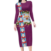 Merry Christmas Family Matching Long Sleeve Bodycon Dress and Hawaiian Shirt Funny Santa Claus Cards Photo and Polynesian Pattern Pink Color LT03 Mom's Dress Pink - Polynesian Pride
