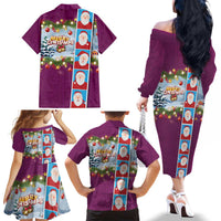 Merry Christmas Family Matching Off The Shoulder Long Sleeve Dress and Hawaiian Shirt Funny Santa Claus Cards Photo and Polynesian Pattern Pink Color LT03 - Polynesian Pride