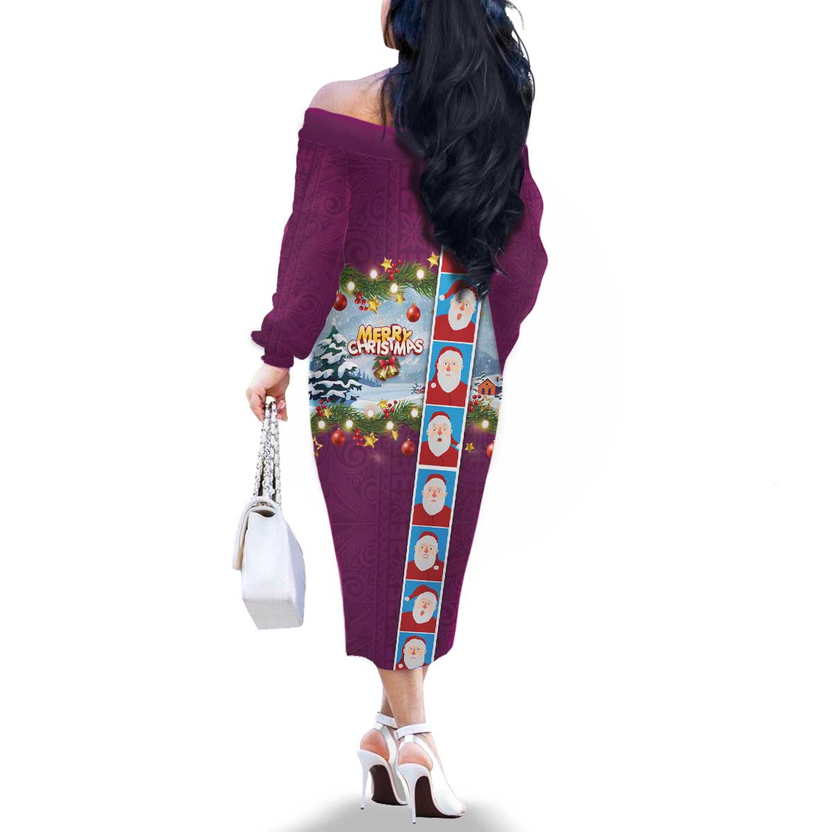 Merry Christmas Family Matching Off The Shoulder Long Sleeve Dress and Hawaiian Shirt Funny Santa Claus Cards Photo and Polynesian Pattern Pink Color LT03 - Polynesian Pride