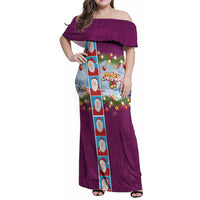 Merry Christmas Family Matching Off Shoulder Maxi Dress and Hawaiian Shirt Funny Santa Claus Cards Photo and Polynesian Pattern Pink Color LT03 Mom's Dress Pink - Polynesian Pride