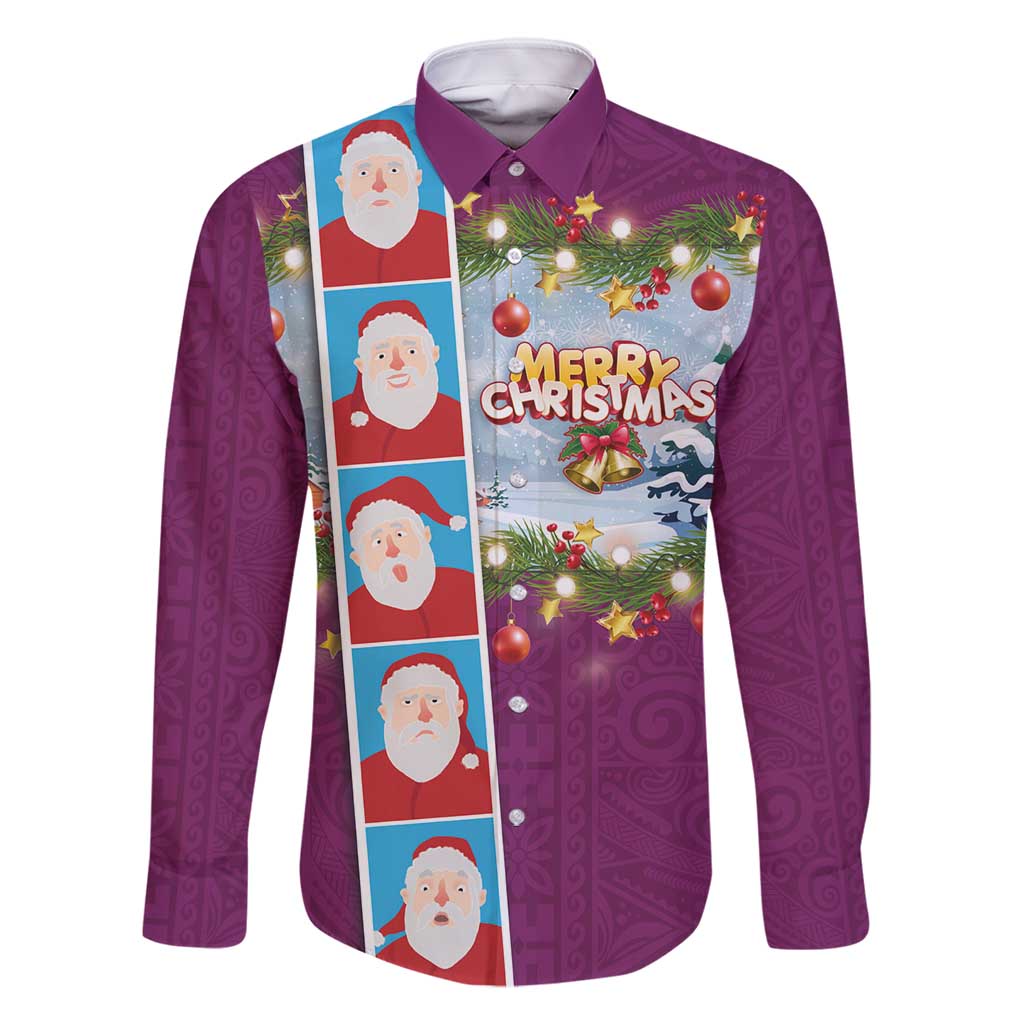 Merry Christmas Family Matching Off Shoulder Short Dress and Hawaiian Shirt Funny Santa Claus Cards Photo and Polynesian Pattern Pink Color LT03 Dad's Shirt - Long Sleeve Pink - Polynesian Pride
