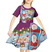 Merry Christmas Kid Short Sleeve Dress Funny Santa Claus Cards Photo and Polynesian Pattern Pink Color