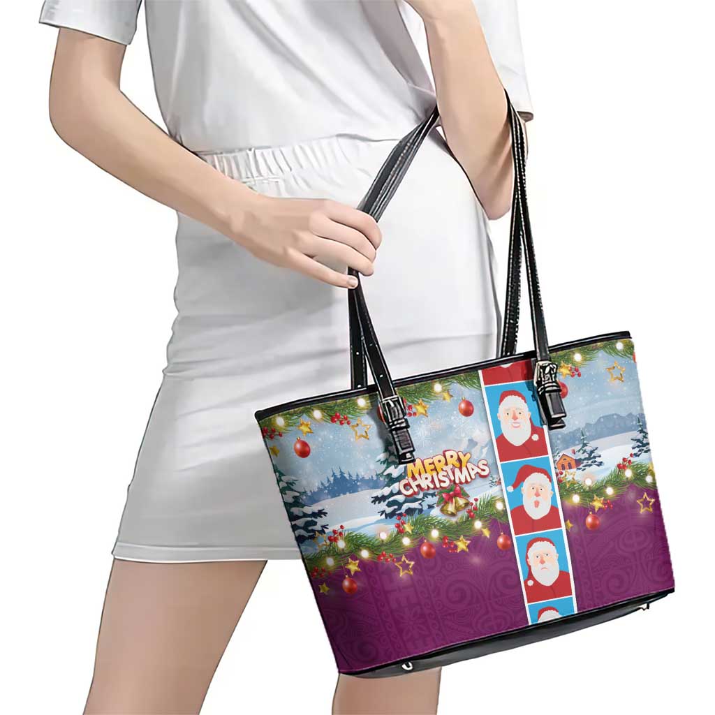 Merry Christmas Leather Tote Bag Funny Santa Claus Cards Photo and Polynesian Pattern Pink Color